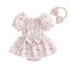 Baby Girls Easter Romper Dress Bunny Printed Short Puff Sleeve Smocked Jumpsuit with Bow Headband