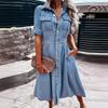 Women's Solid Color Short-sleeved Lapel Waist-hugging Elegant Midi-length Denim Dress