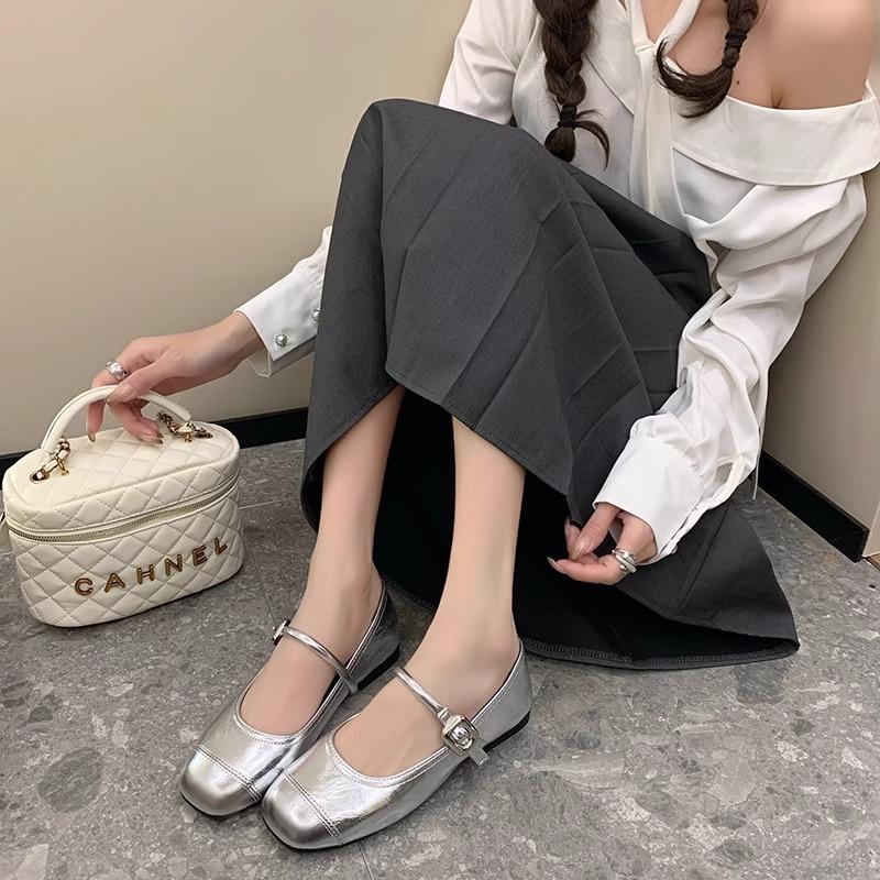 Silver Mary Jane light mouth single shoes women's spring new Korean version square head French fairy style soft sole Doudou shoes