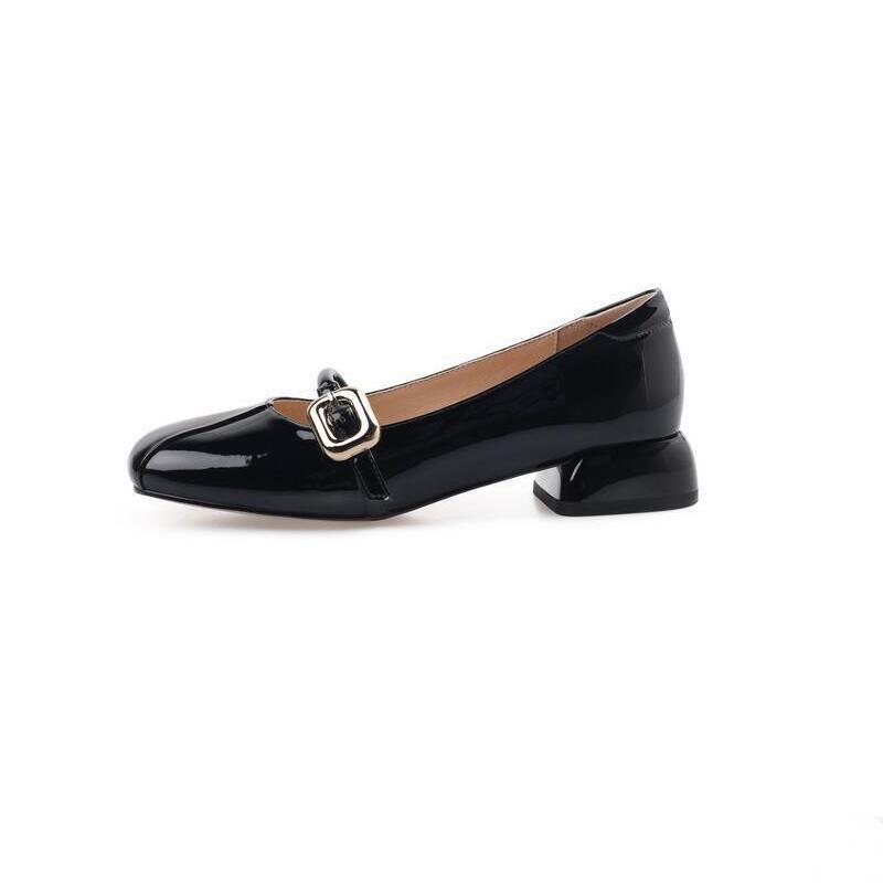 Hot Sale Patent Leather Marry Janes Shoes Women Round Toe Buckle Strap Shallow Mid Thick Heeled Shoe Office Career Pumps