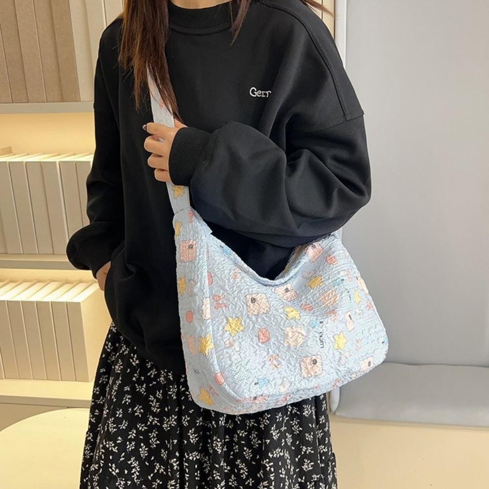 Large Capacity Canvas Shoulder Bag Korean Style Shopping Tote Bag Sweet Cartoon Crossbody Bag  Girl