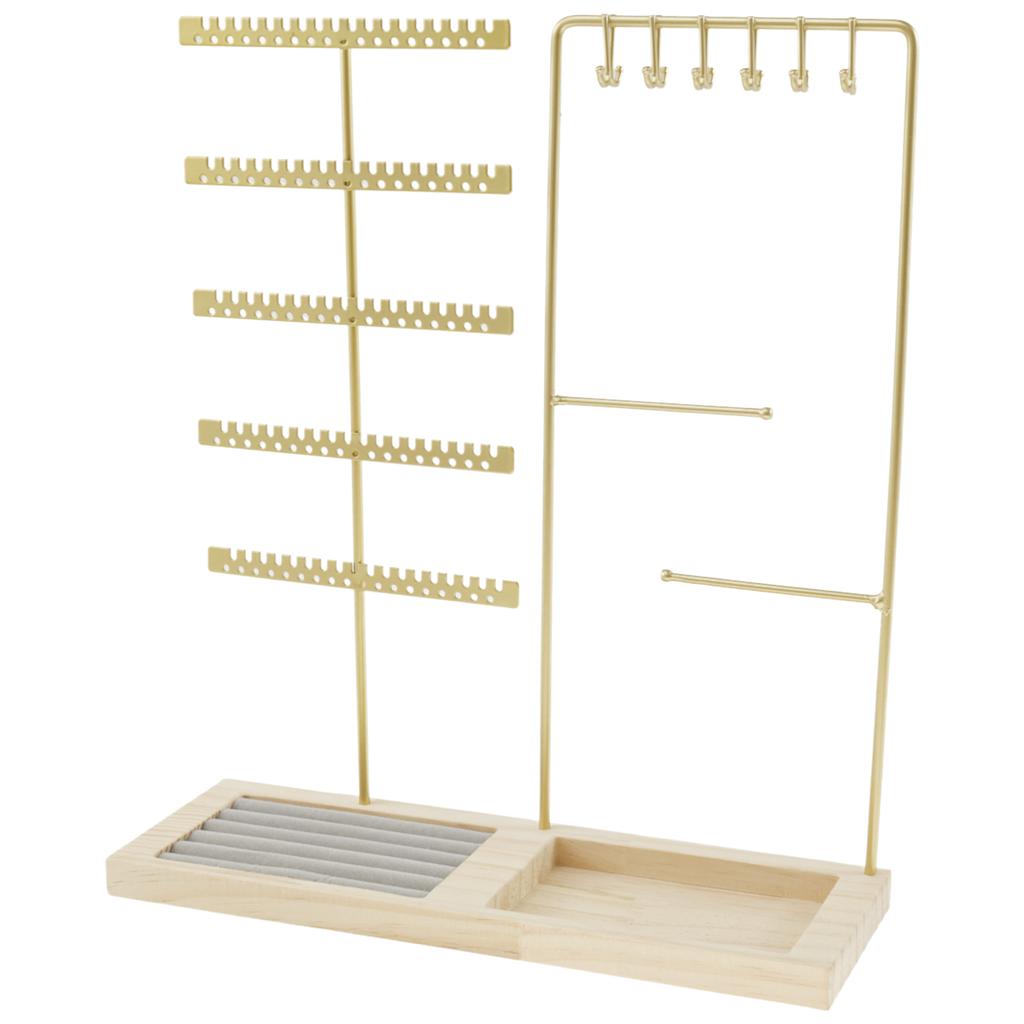 5-Tiers Earring Display Holder Stand Metal Necklace Bracelet Anklet Stud Earring Jewelry Storage Organizer Wooden Base Stand