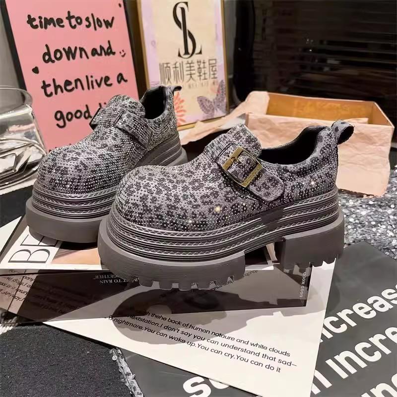 Spring Chunky Shoes Women's Fashion Round Head Deep Mouth Crystal Leopard Print Metal Buckle Waterproof Platform Heels