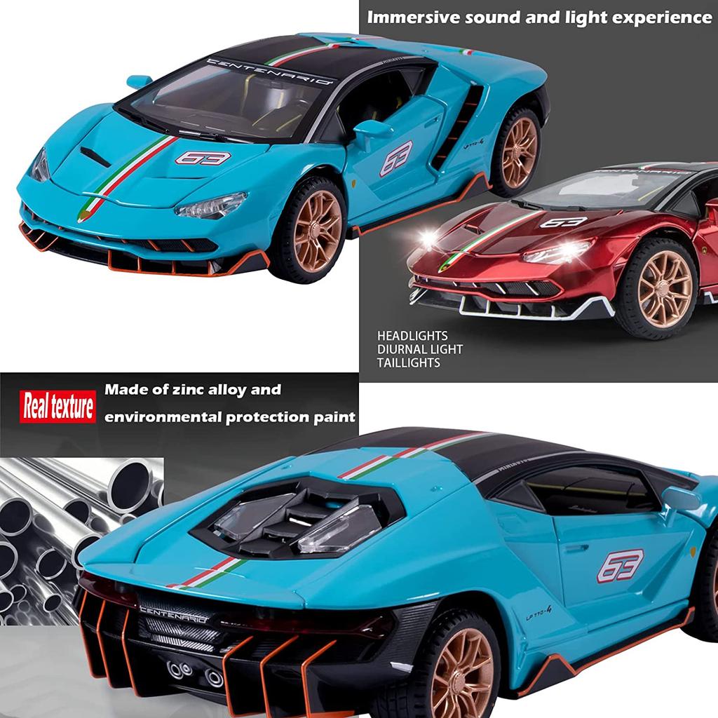 1/24 Scale LP770 Sports Racing Metal Model Diecast Car, Pull Back Vehicles with Light and Sound Toy Cars for Kids Age 3 Year and Up