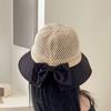 1 Piece Bow Hollow Stitching Panama Hats Fisherman Uv Protection Sun Hat Summer Women'S Bucket Foldable Basin Sunscreen Cap