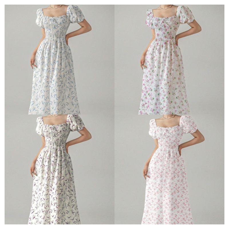 Summer New Style Square Collar Type A Printed Ladies Elegant Long Skirt