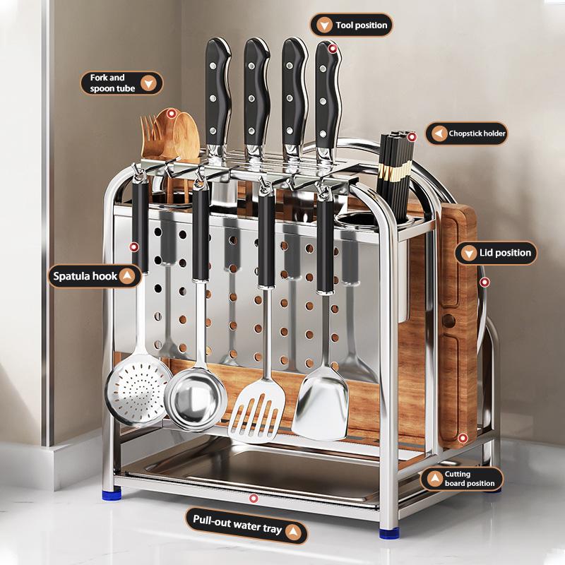 Multifunctional Knife Holder Stainless Steel Stand Home Kitchen Utensil Counter Cutting Board Rack Knife Pot Lid Storage Rack