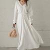 Spring V-neck Long Sleeve Lace-up Waist Casual Dress Women Fashion Solid Elegant Solid Summer Women Dresses Vintage Simple Ladies Long Dress 26074
