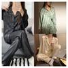 Women's Summer Ice Silk Home Wear Long-Sleeved Trousers Simulation Silk Black Striped Home Wear Suit