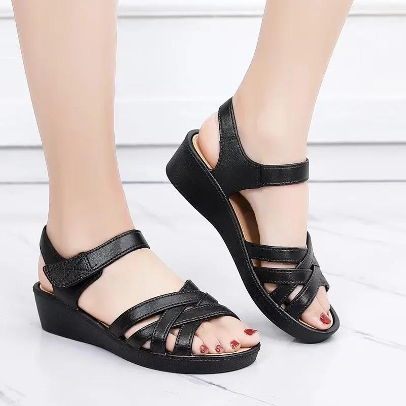 Women's Summer New Soft Sole Non Slip Comfortable Casual Shoes with Sloping Heel and Thick Sole Velcro Breathable Sandals
