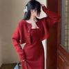 Set Dress for Women Early Spring 2023 High-end Little Fragrance Korean Drama Red Sweater Dress Two-piece of Sweater Female