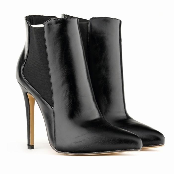 Women Sexy Pointed Toe Solid Black PU Leather High Heels Platform Ankle Boots Stilettos Shoes