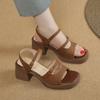 Fashion 2024 New Retro Genuine Leather Women's Sandals Square High Heels Sandals Office Ladies Platform Buckle Shoes