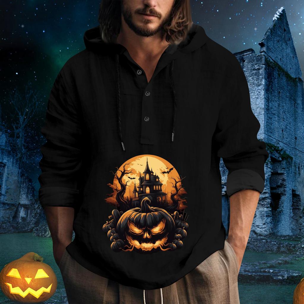 Halloween Printed Hooded Men's Oversized Drawstring Button Hoodie