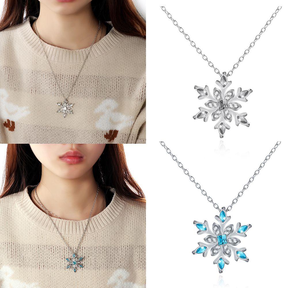 Women Frozen Snowflake Necklace Christmas Gift Silver Plated Rhinestone Crystal Pendant Chain
