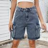 Women's Fashionable Solid Color Pocket Workwear Denim Casual Five Quarter Shorts