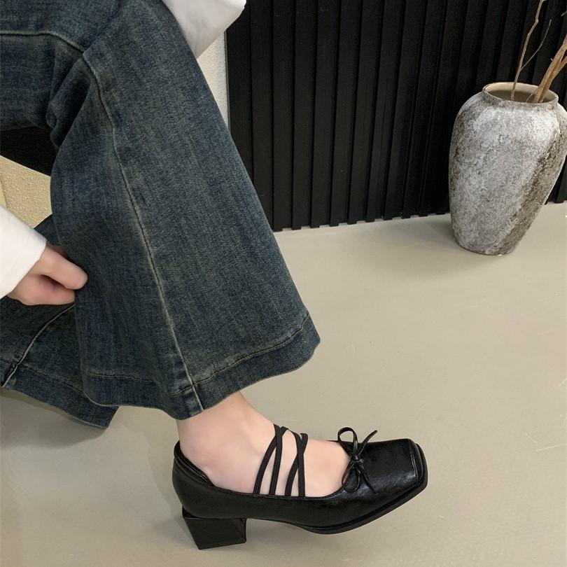 2025 Spring and Autumn New Niche Design Bow Ballet Shoes Square Head Thick Heel Mary Jane Shoes Single Shoes Leather Shoes