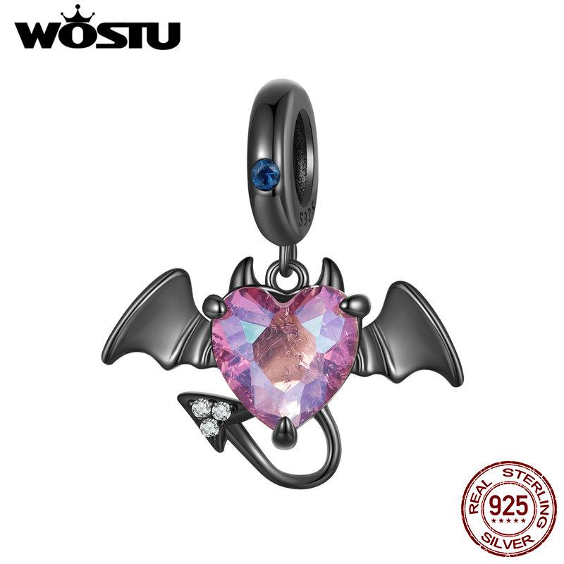 WOSTU 925 Sterling Silver Black Devil Pendant Charms Stone Heart Beads for Women DIY Jewelry Gift Making