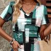 Fashion Green Square Printing Blouses Short Sleeve V-Neck T Shirts Casual