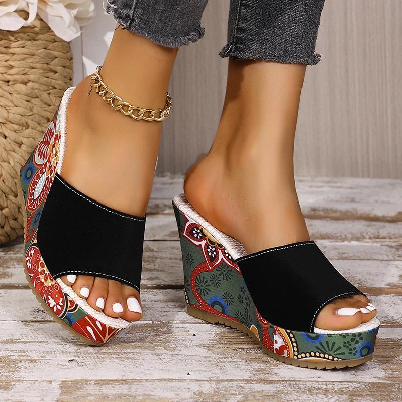 Fashion Floral Print Wedge Heel Sandals for Women Summer 2025 Ethnic Style Chunky Platform Slippers Woman Thick Bottom Peep Toe Slides