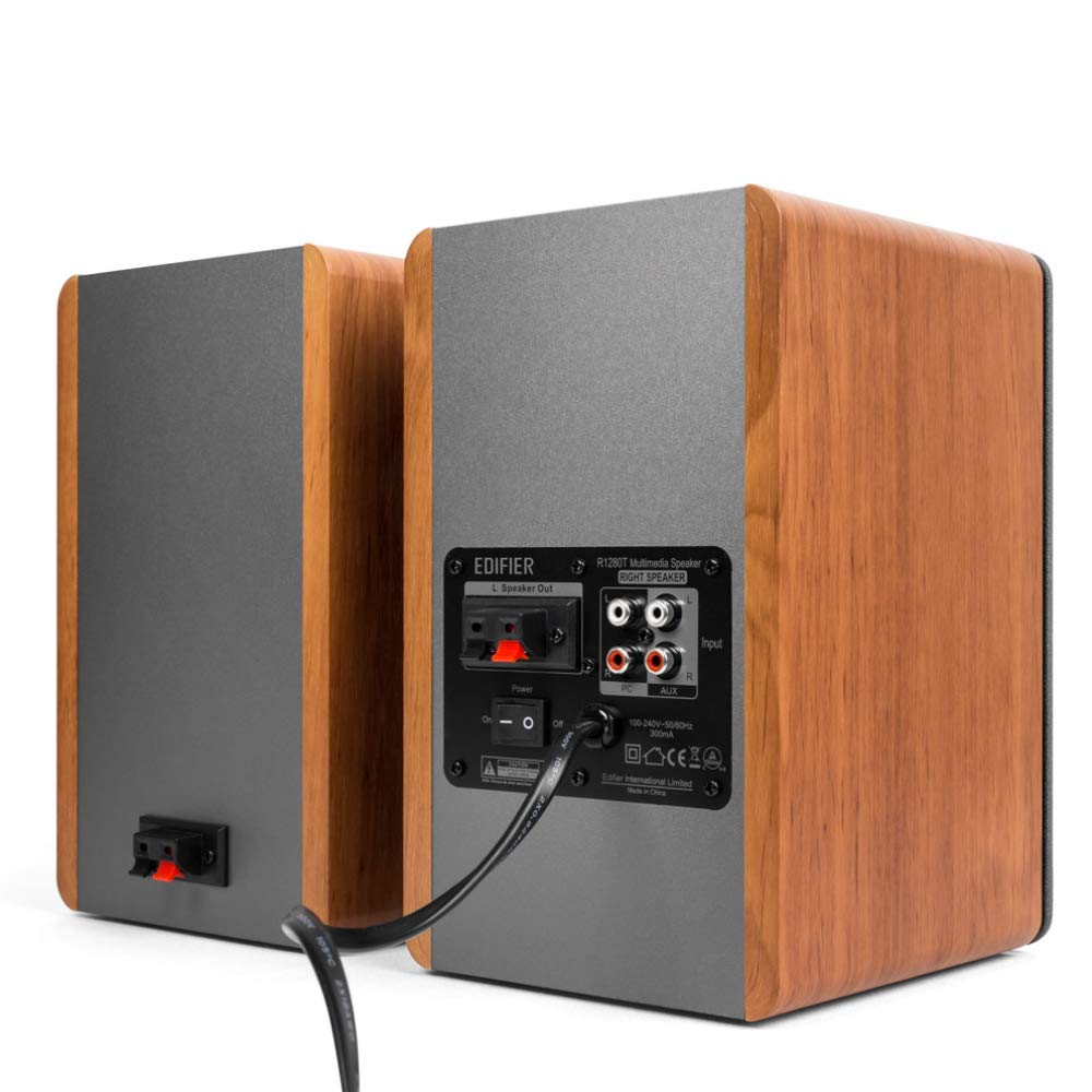 Edifier R1280T Active Bookshelf Speaker Rated Output Dual RCA Knob Control or Remote Amplifier Driver Wood Grain MDF for 42W, 2-Way Output, Inputs,