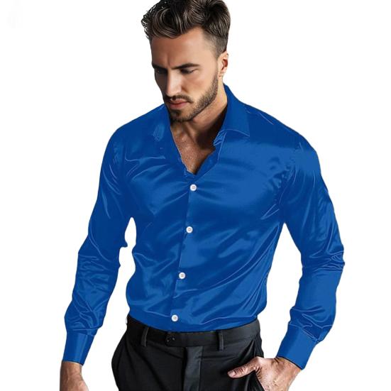 Men's Satin Glossy Shirt Solid Color Long Sleeve Smooth Dress Shirt Lapel