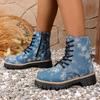 Thick Bottom Denim Ankle Boots Women 2025 Autumn Fashion Tie-Dye Side Zip Western Cowboy Boots Woman's Platform Shoes Plus Size