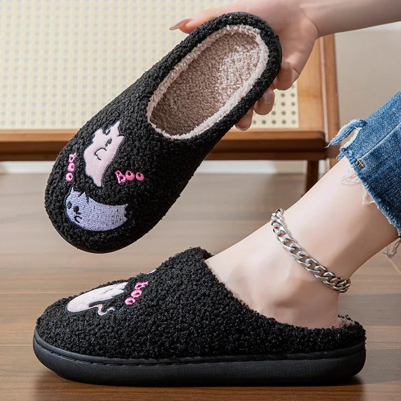 Halloween Cartoon Ghost Plush Woman Slippers Closed Toe Warm Winter Home Slippers for Women 2024 Soft Sole Fuzzy Indoor Slippers