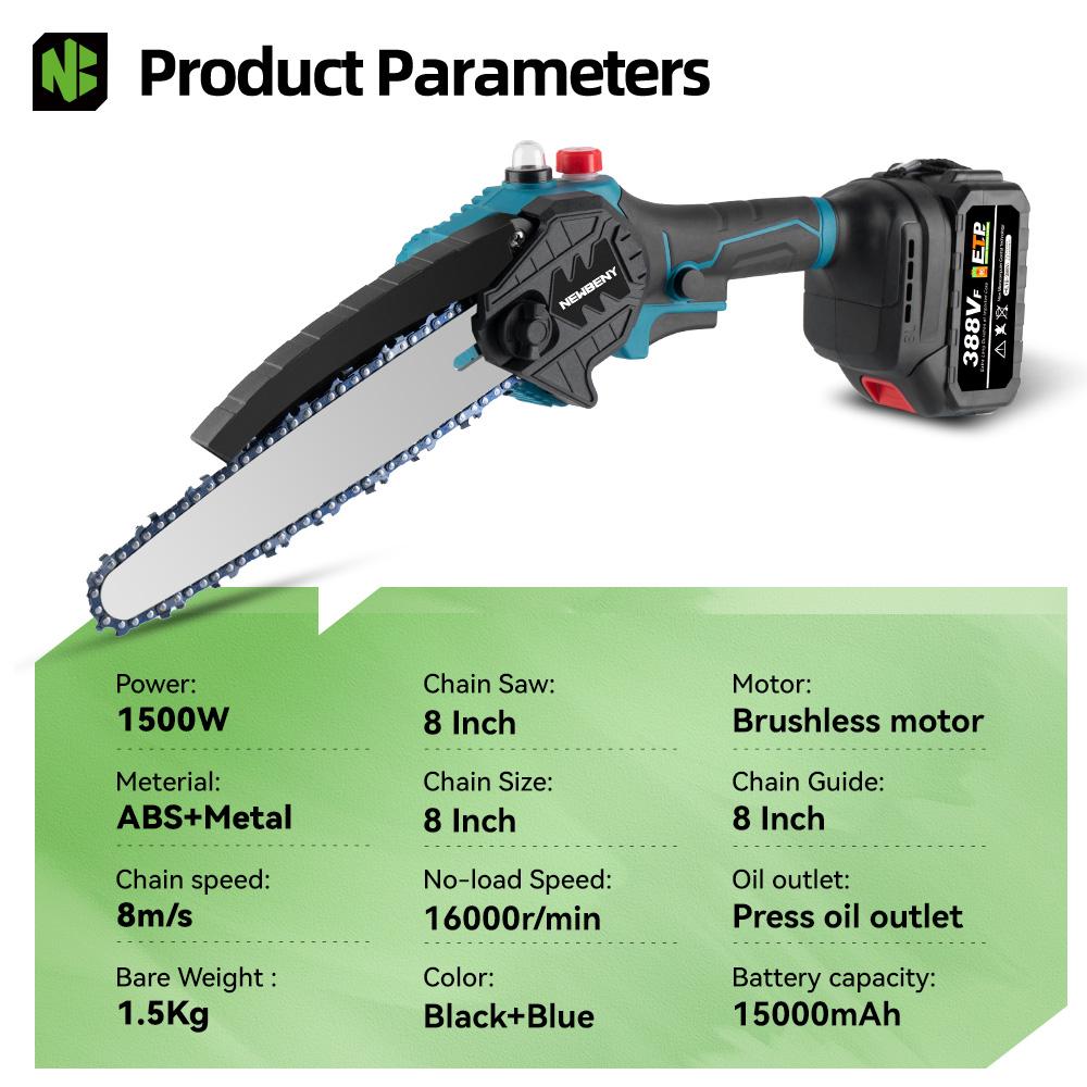 Newbeny 8-Inch Cordless Chainsaw with Brushless Motor 1500W Electric Pruning Saw for Wood Cutting Tree Trimming Gardening with Makita 18V Battery