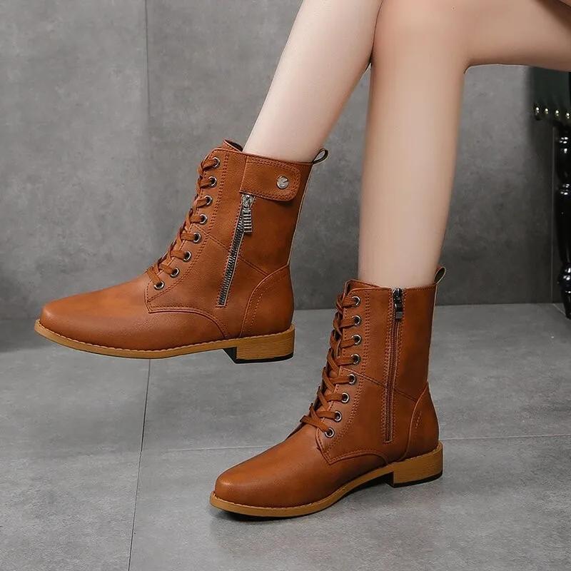 Female Shoes On Sale 2024 Lace Up Women Boots Winter Pointed Toe Solid Short Barrel Chunky Heel Fashion Boots Zapatos De Mujer