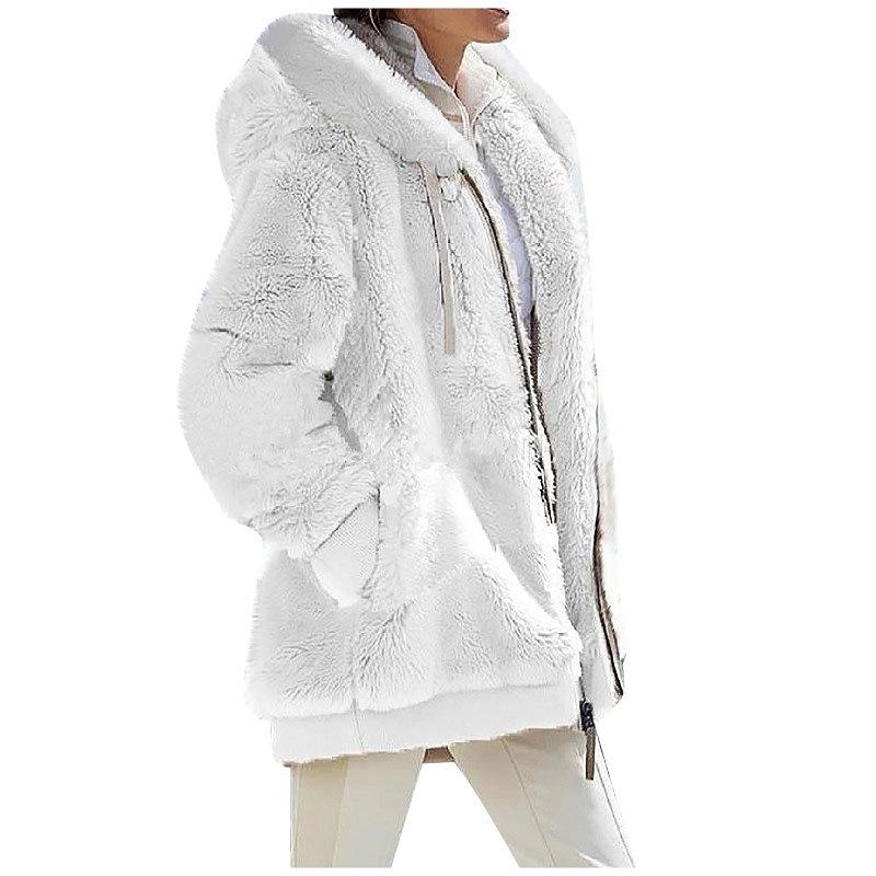 2024 Autumn/Winter Loose Plush Long Sleeve Zip Pocket Hooded Warm Coat for Women
