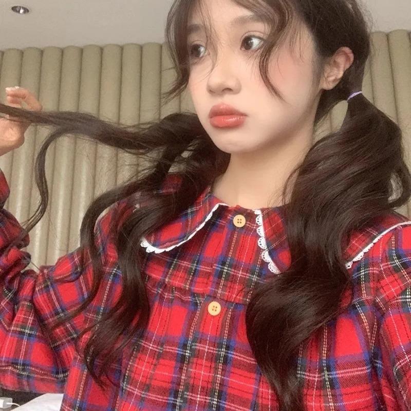 New Doll Collar Red Checkered Pajama Set Students Homewear Women Spring Autumn Sleepwear Loose Lattice Loungewear