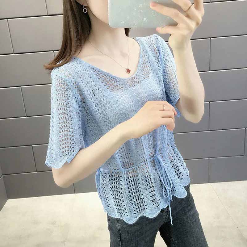 Korean Loose Drawstring Hollow Knit Pullover Blouse Short Sleeve Versatile Thin Sweater Women