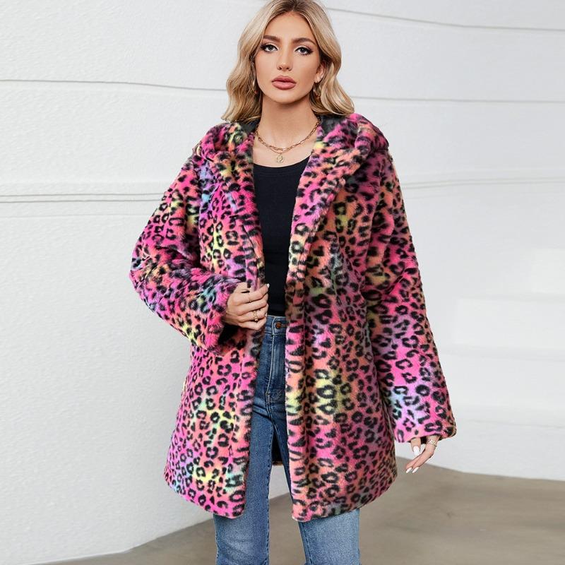 00 Leopard Print Fur Imitation Fur Hooded Autumn and Winter Loose Women's Coat Coat