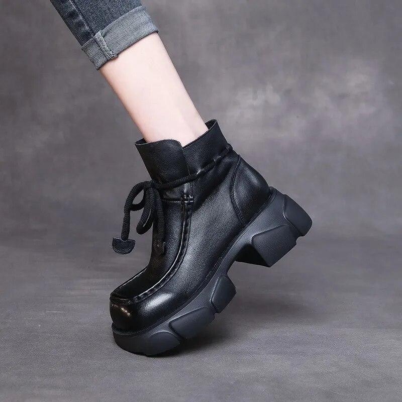 Johnature Retro Genuine Leather Platform Short Boots Women Shoes Thick Soled Square Toe Boots