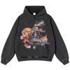 Streetwear Dinosaur Chariot Pattern Unisex Washed Black Oversized Unisex Long Sleeve Hoodie