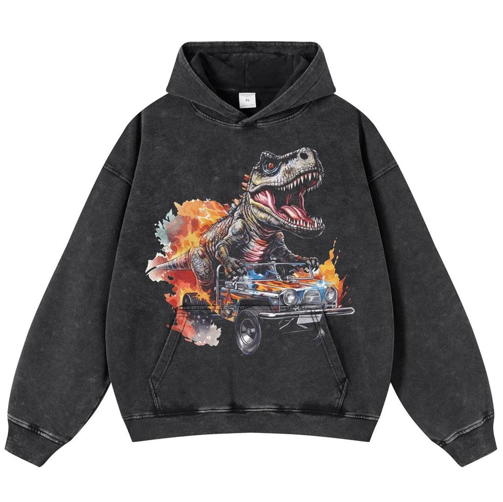 Streetwear Dinosaur Chariot Pattern Unisex Washed Black Oversized Unisex Long Sleeve Hoodie
