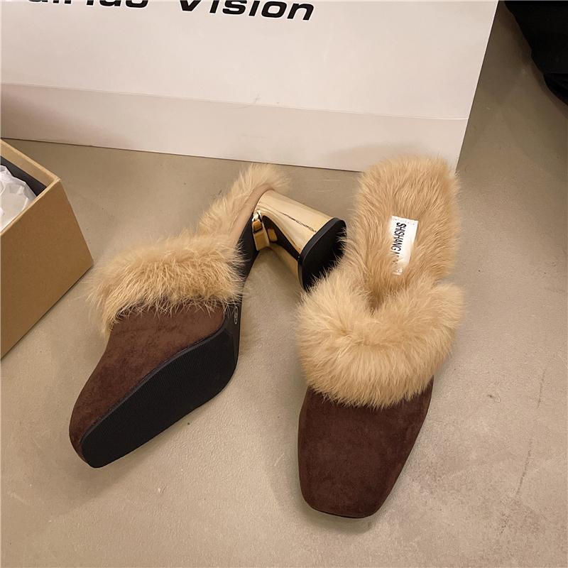 Women Fur High Heels Square Toe Slippers Cozy Suede Warm Plush Cotton Shoes Winter 2025 Trend Fashion Flip Flops Zapatos Mujer