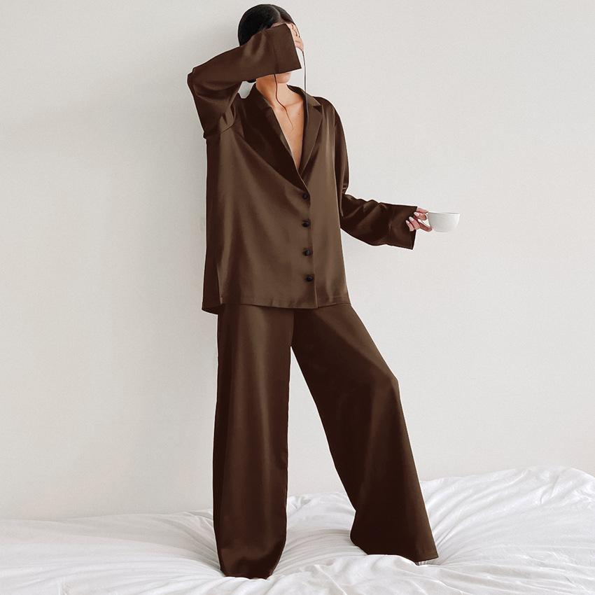 New Satin Silk Pajamas Low-cut Sexy Pajamas for Women Single-breasted Long-sleeved Wide-leg Pants Trousers Suit