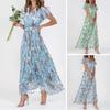 V-neck Ruffle Short Sleeve Maxi Dress Waist Tight High-waist Flowy Hem Sweet Floral Print Chiffon Dress Female Clothing