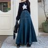 Women Denim High Waist Long Skirt Casual Patchwork A-line Maxi Skirts Elegant Autumn Winter