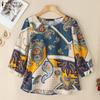 Women Casual Round Neck 3/4 Sleeve Retro Print Blouse