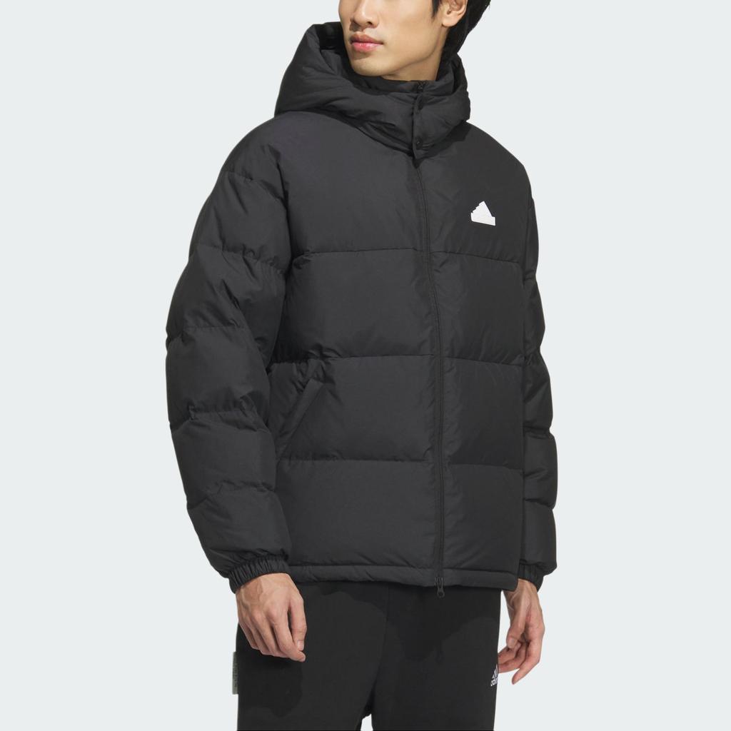 Adidas Puffy Down Series Logo Outdoor Casual Hooded Теплая стеганая куртка унисекс куртка черного цвета JM9131