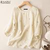 Women Casual Floral Embroidery 3/4 Sleeve O-neck Summer Blouse