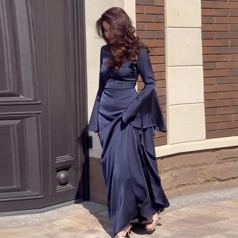 2024 Autumn Women's Solid Color Flare Sleeve Satin-Like Dress with Round Neck