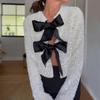 Women Sequin Jacket Big Bow Decor Loose Round Neck Long Sleeves Solid