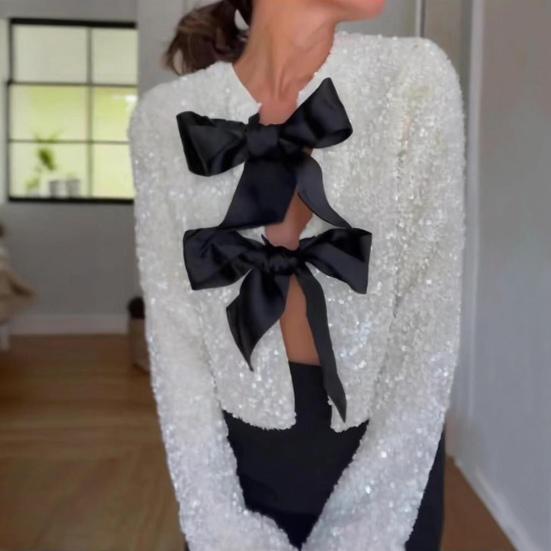 Women Sequin Jacket Big Bow Decor Loose Round Neck Long Sleeves Solid
