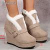 Fashion Metal Buckle Suede Wedge Heel Snow Boots Women Winter Round Toe Super High Heel Ankle Boots Warm Faux Fur Thick Bottom Shoes