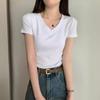 Simple Solid Color V-neck Front Shoulder Short-sleeved T-shirt for Women's Summer New Slim Fit Basic Student Top