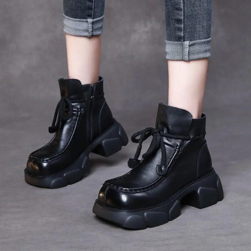 Johnature Retro Genuine Leather Platform Short Boots Women Shoes Thick Soled Square Toe Boots